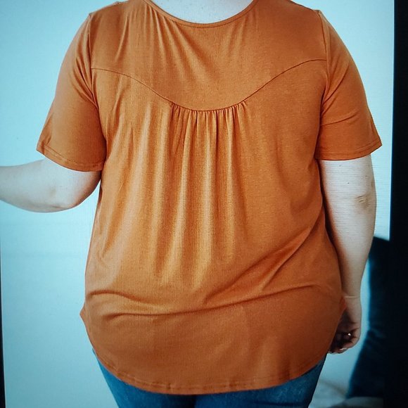057. Orange Black Buttons Ruched O Neck Short Sleeve Plus Size Top  Size 4X - Picture 6 of 16